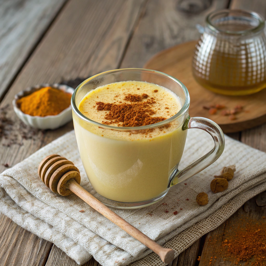 A warm cup of golden milk in a glass mug, topped with a sprinkle of cinnamon and turmeric, placed on a rustic wooden table with a honey dipper on the side.