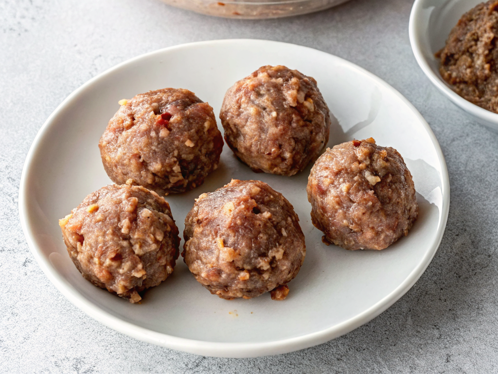 Ultra-close-up view of raw chicken sausage patties arranged on a parchment-lined plate. The patties are evenly shaped, with a light sheen from the mixture of herbs and maple syrup.