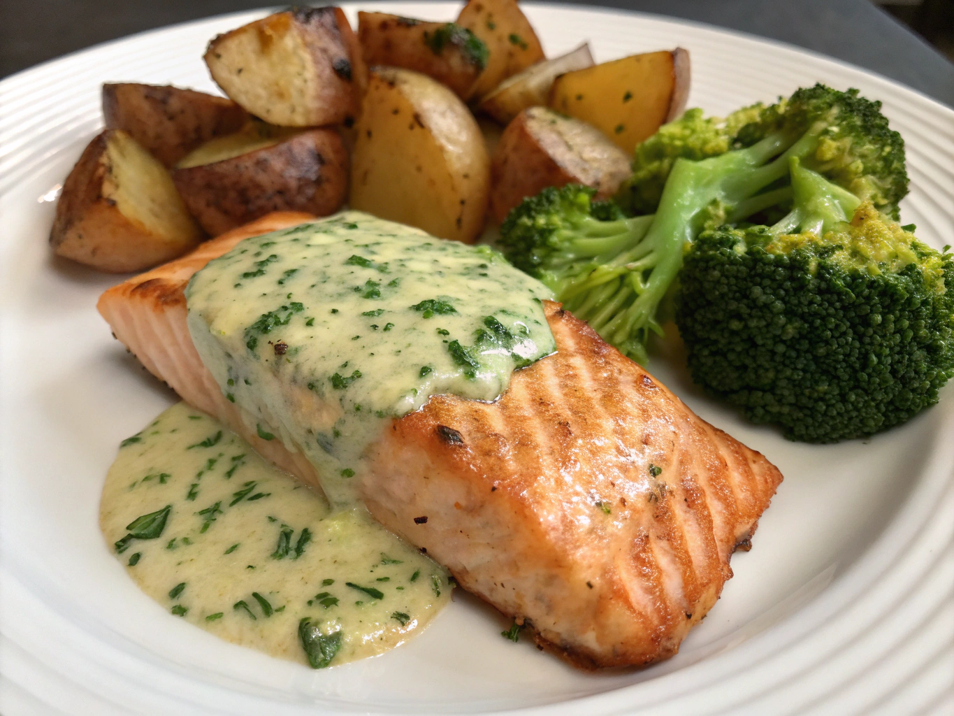 Ultra-close-up, high-quality image of Lemon Butter Salmon, capturing golden-brown crusted salmon drizzled with glossy lemon butter sauce. The salmon rests on a sheet pan beside caramelized baby potatoes and emerald-green broccoli florets. Sunlight highlights steam rising from the dish, with flecks of parsley and lemon zest visible. Background is softly blurred to emphasize the meal’s freshness and simplicity.