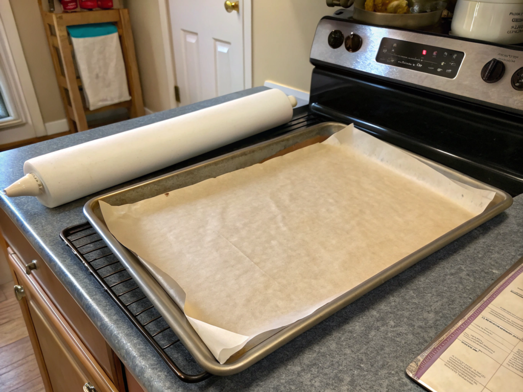 ultra-close-up view of a baking sheet lined with crisp parchment paper, resting on a clean marble counter. A hand holds a bowl of discard mixture nearby, ready to spread.