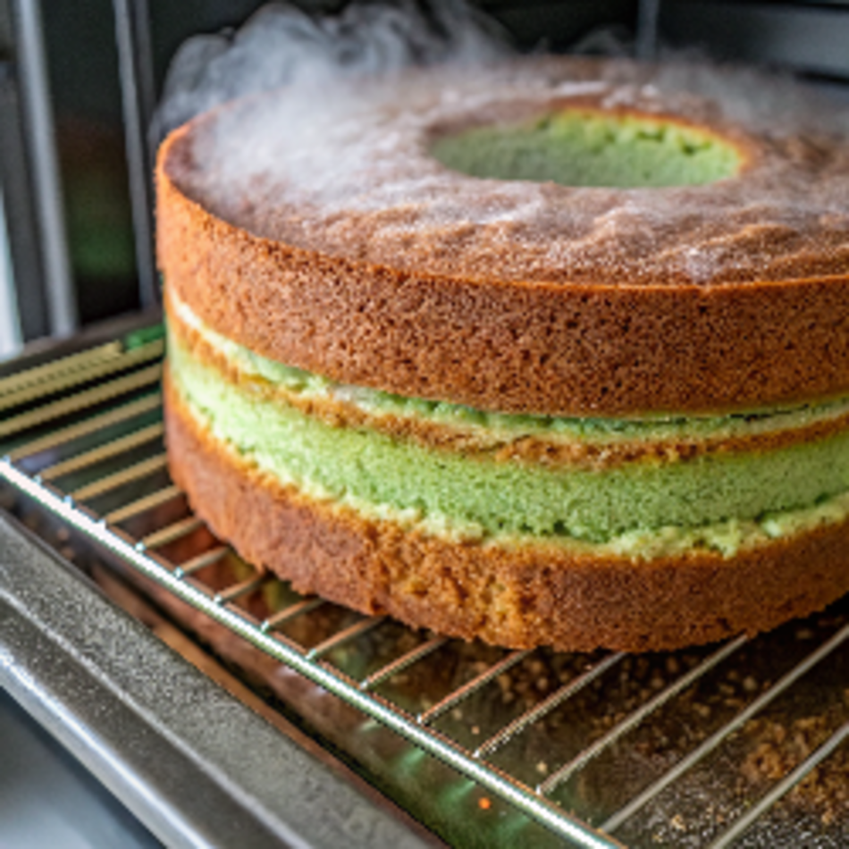 Ultra-close-up view of a golden pistachio Bundt cake inside an oven, illuminated by oven light. The cake’s ridges are crisp, and steam rises gently from the surface. A faint green hue peeks through the golden crust.
