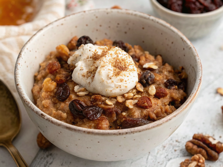 ultra-close-up view of a bowl of carrot cake oatmeal topped with glistening candied pecans and a dollop of creamy plain yogurt. The vibrant colors and textures create an inviting presentation. The background is softly blurred, keeping the focus on the enticing details of the dish.