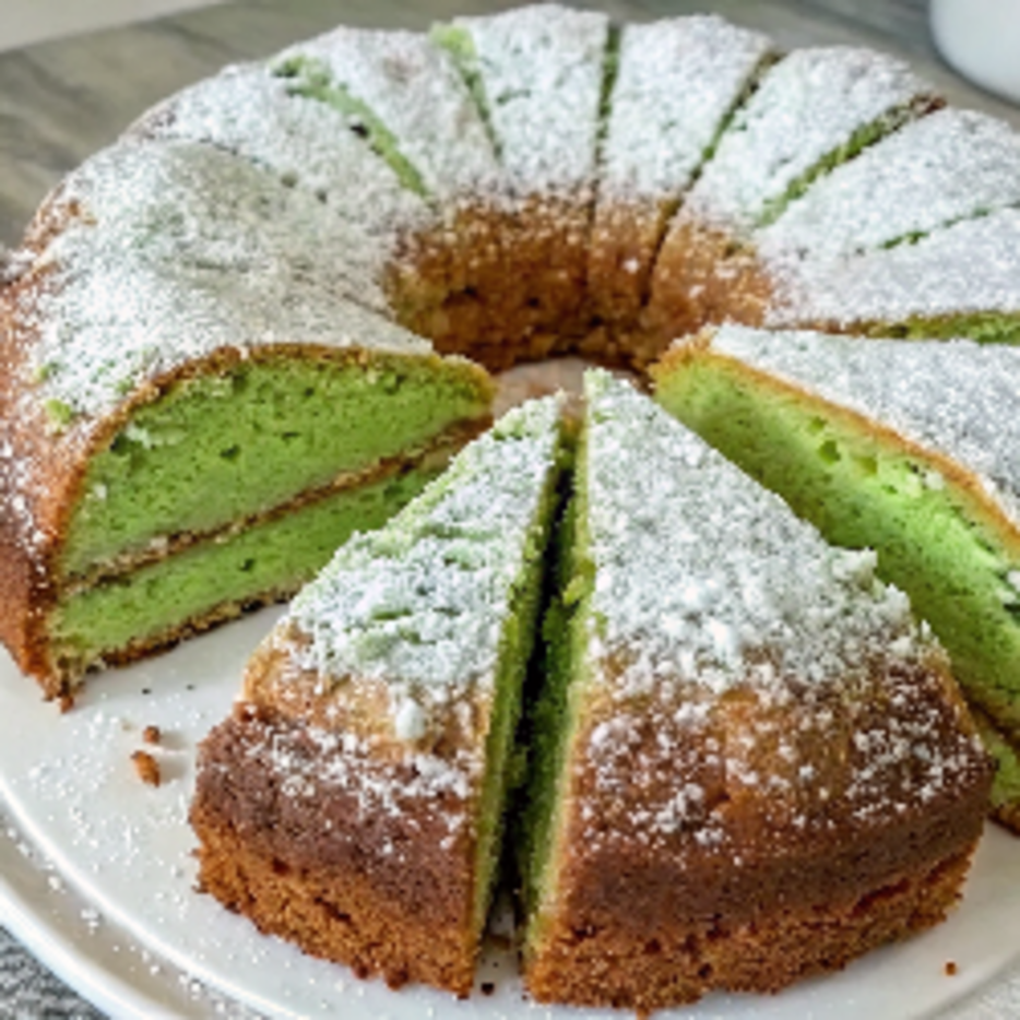 Ultra-close-up view of a hand drizzling vanilla glaze over a pistachio Bundt cake on a white plate. The glaze pools in the cake’s grooves, and crushed pistachios cling to the surface. Soft shadows add depth to the scene.