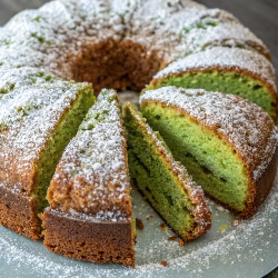 Ultra-close-up, high-quality image of a single slice of pistachio Bundt cake, capturing its moist crumb, golden crust, and drips of creamy vanilla glaze. The cake is placed on a plain white ceramic plate, tightly framed to emphasize the intricate Bundt design and flecks of chopped pistachios. Bright natural lighting highlights the glossy glaze and vibrant green food coloring. Garnishes like crushed pistachios cling to the glaze, adding texture without overwhelming the scene.