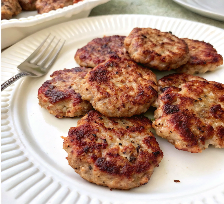 Ultra-close-up view of a serving plate with stacked chicken breakfast sausages, garnished with a light drizzle of maple syrup. The golden-brown patties glisten under natural lighting, emphasizing their crispy exterior and juicy texture.