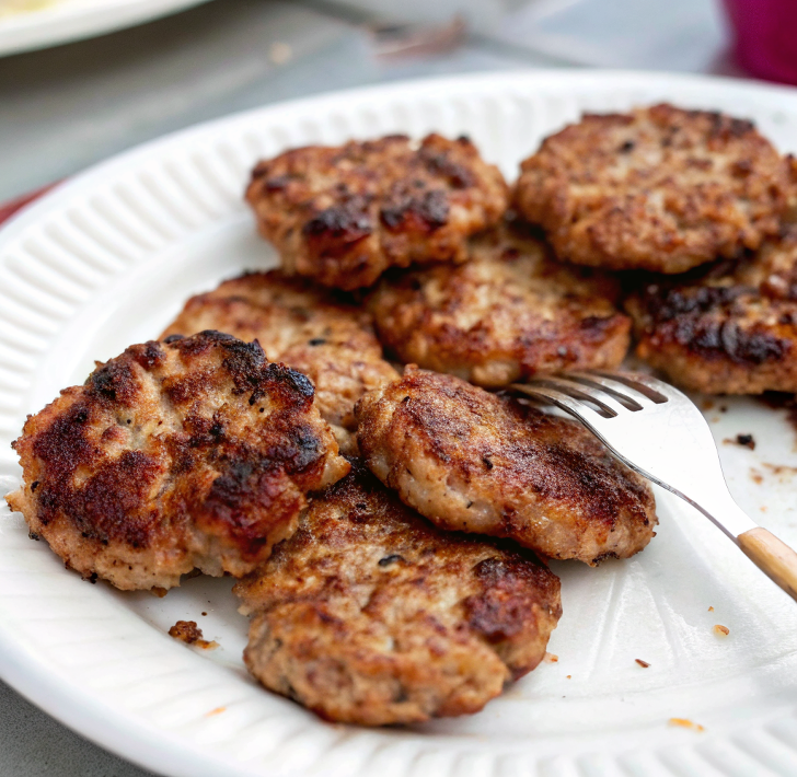 Ultra-close-up, high-quality image of a single homemade chicken breakfast sausage, capturing its golden-brown seared crust with a slight glisten from the pan juices. The patty is placed on a simple white plate with a blurred background to highlight its texture. Bright, natural lighting emphasizes the crispy edges and tender interior.