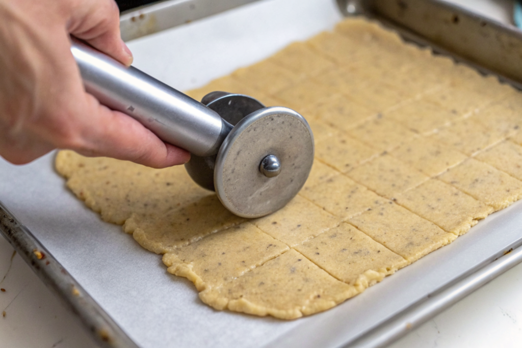 ultra-close-up view of a pizza cutter slicing halfway through a golden cracker sheet. Soft lighting captures the sharp lines and steaming surface.