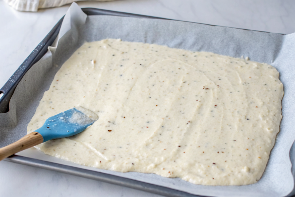 ultra-close-up view of a hand spreading the batter thinly across parchment with a spatula. The batter's texture is smooth and slightly bubbly with visible flecks of herbs and cheese.