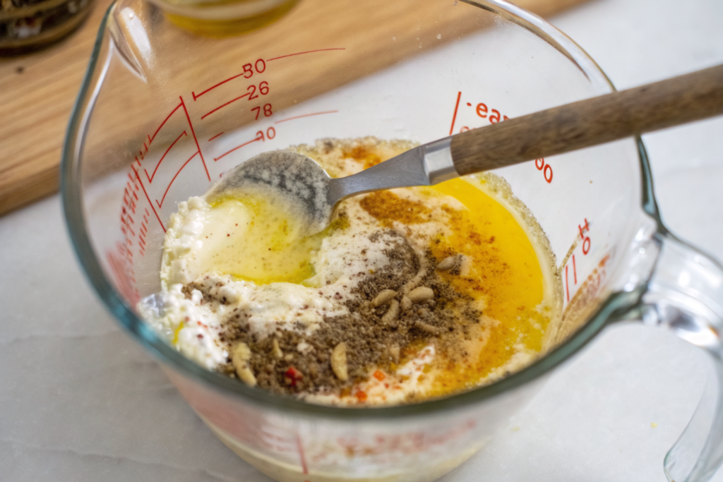 ultra-close-up view of a spoon stirring a thick, herby batter in a ceramic bowl. Green flecks of Italian seasoning and grated parmesan are visible throughout, with warm lighting catching the sheen of olive oil.
