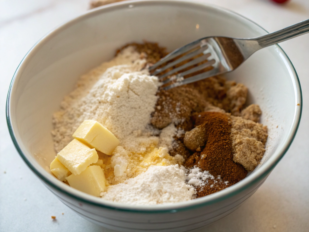 ultra-close-up view of crumb topping mixture in a ceramic bowl. A fork is caught mid-motion, breaking butter into pea-sized pieces. The texture of the mix is crisp and golden, ready to top muffins.
