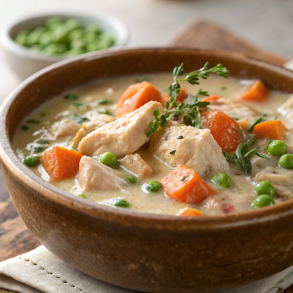 Ultra-close-up, high-quality image of a single bowl of creamy chicken stew, capturing its textures, colors, and details with intense focus. The dish should be placed in a rustic ceramic bowl, with the rich, creamy broth glistening under natural lighting. The background should be completely plain and softly blurred, avoiding distractions. Emphasize intricate details such as the tender chunks of chicken, vibrant orange carrots, and green peas nestled in the velvety sauce. Garnishes like a sprinkle of fresh thyme should subtly complement the dish without overpowering it. The image must exclude any additional elements, ensuring a clean and immersive close-up.