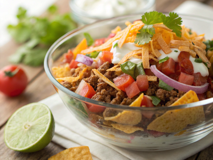 Ultra-close-up of a hand sprinkling crushed Doritos over the salad, capturing cheese powder dusting the air. Nacho Cheese chips show visible ridges and seasoning specks.