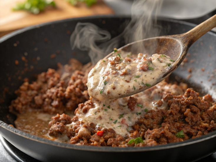 Ultra-close-up of a spoon swirling the seasoned beef mixture in a skillet, showing glossy coatings of ranch and Italian dressing. Steam rises from the pan, with specks of herbs and spices visible.