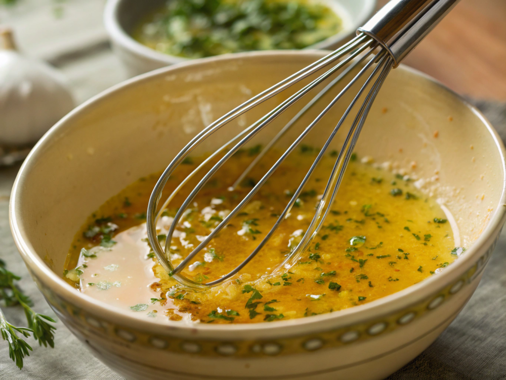 Ultra-close-up of a whisk blending golden melted butter with lemon juice in a ceramic bowl, droplets suspended mid-air. Minced garlic and parsley flecks visible in the glossy sauce.