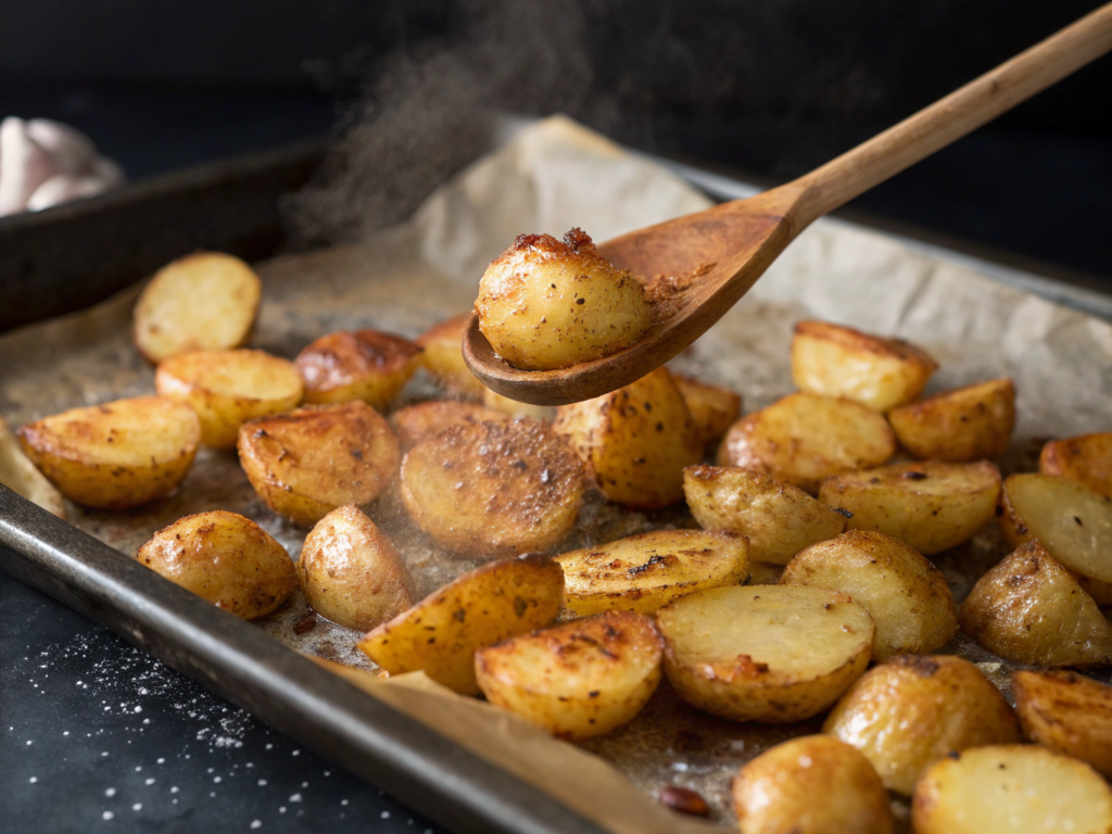 Ultra-close-up of baby potatoes sizzling on a parchment-lined baking sheet, edges golden and caramelized. A wooden spoon scatters garlic powder over them, with steam rising against a dark slate background.