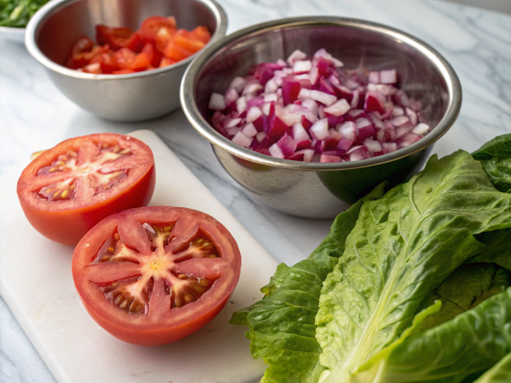 Ultra-close-up of fresh vegetables on a white marble countertop – ruby-red tomato halves, crisp lettuce leaves, and diced red onions in separate stainless steel bowls. Natural light emphasizes their vibrant colors.