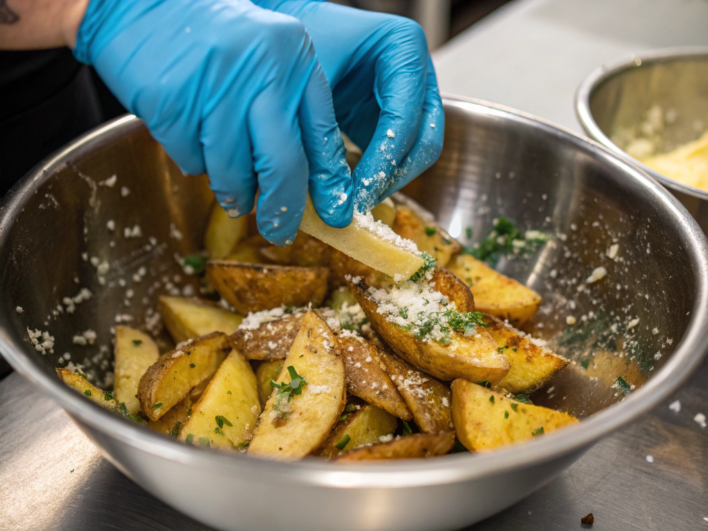 Ultra-close-up of gloved hands tossing potato wedges in a stainless steel bowl, showcasing glossy oil and Parmesan clinging to the potatoes. Herb specks and minced garlic visible on the wedges.