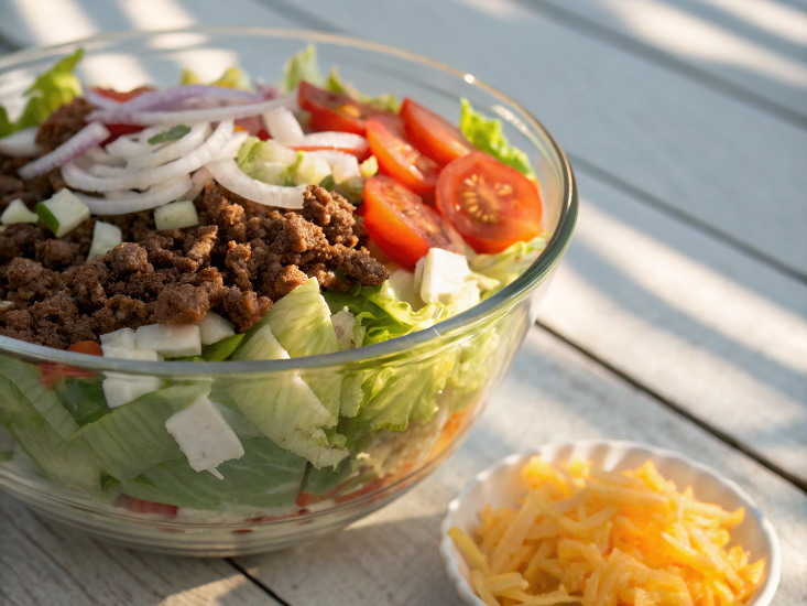 Ultra-close-up of layered salad in a clear glass bowl: lettuce base, seasoned beef, tomatoes, onions, and cheese, shot against a sunlit farmhouse table.