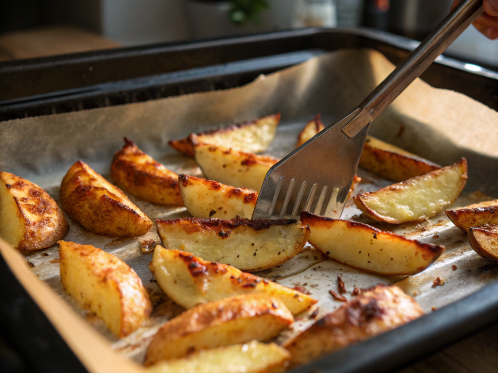 Ultra-close-up of potato wedges roasting on a parchment-lined baking sheet, edges caramelized and cheese golden. Oven light casts a warm glow, with a metal spatula lifting a wedge to reveal its crispy underside.