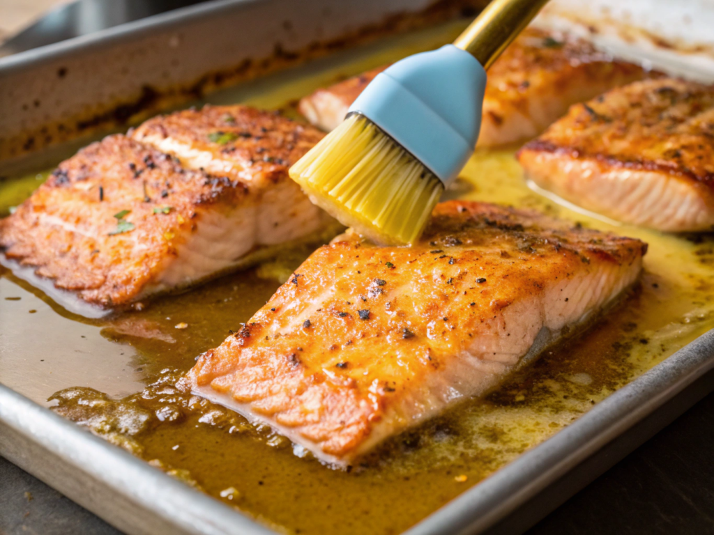 Ultra-close-up of salmon fillets basting in lemon butter sauce on the sheet pan, skin crisping under oven heat. A silicone brush glazes the salmon, capturing bubbling sauce and golden edges.