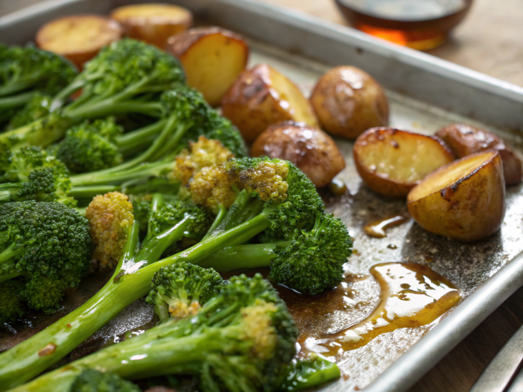 Ultra-close-up of vibrant green broccoli florets glistening with oil on the baking sheet, nestled beside roasted potatoes. Natural light emphasizes their crisp-tender texture.