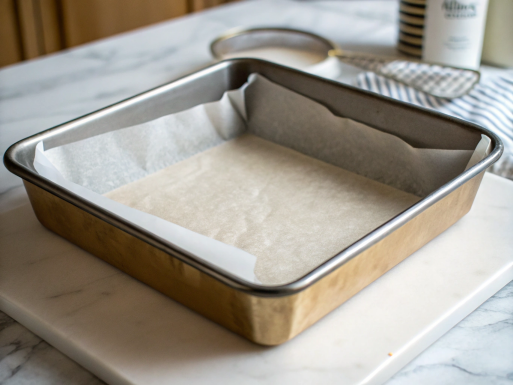 ultra-close-up view of a 9-inch square baking pan lined with parchment paper, neatly fitted to cover the bottom and sides. The pan rests on a white marble countertop, ready for the brownie batter. The background is softly blurred to maintain focus on the prepared pan.