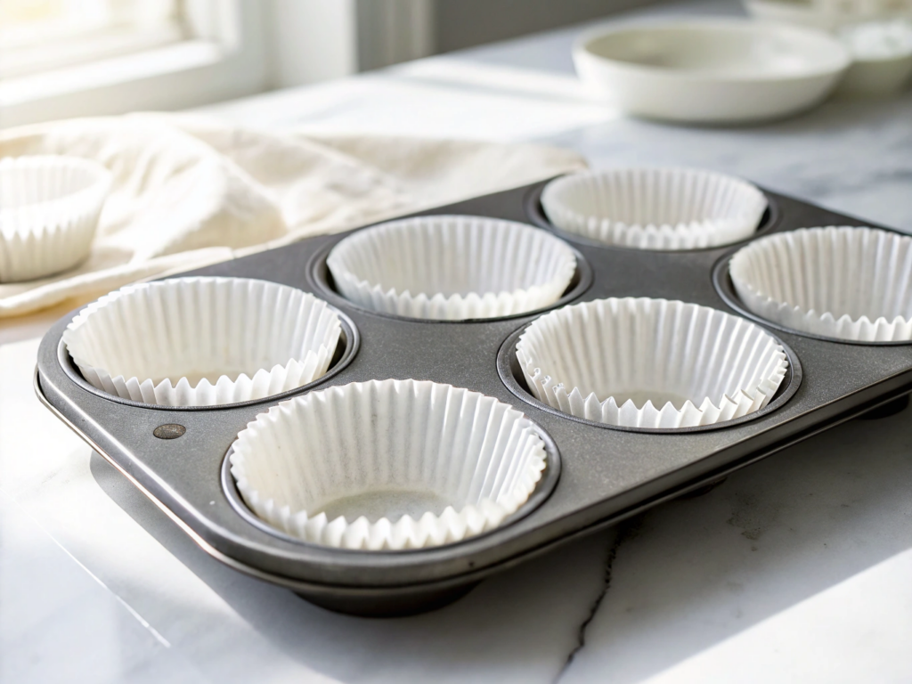 ultra-close-up view of a clean muffin tin with white paper liners, placed on a white marble countertop. Bright light from the side accentuates the texture of the paper cups. Background remains softly blurred.