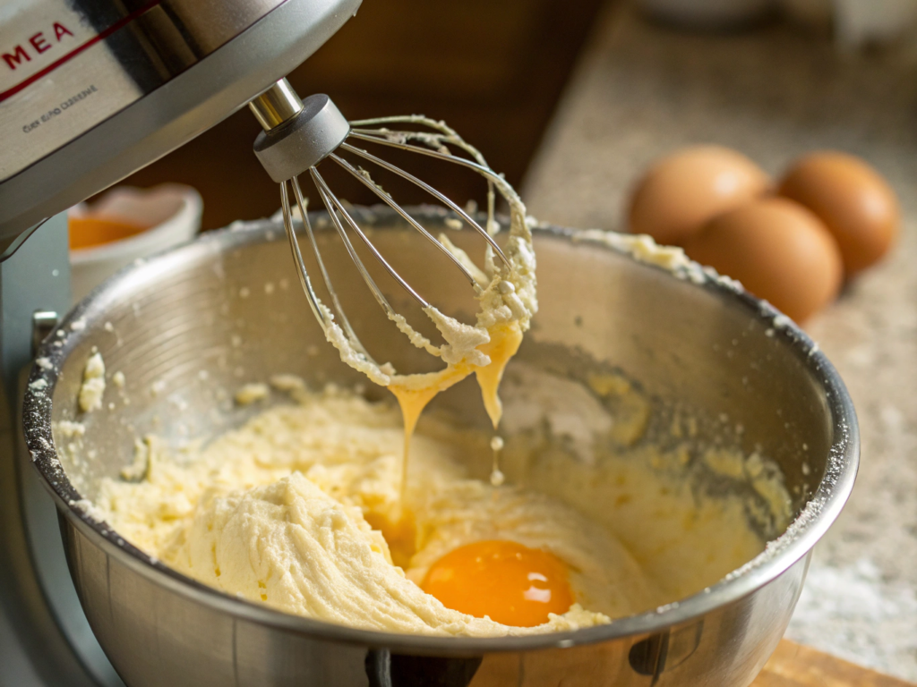 Ultra-close-up view of a cracked egg being poured into the butter mixture, with droplets of vanilla extract suspended mid-air. The mixer’s paddle is visible in motion, blurred in the background.
