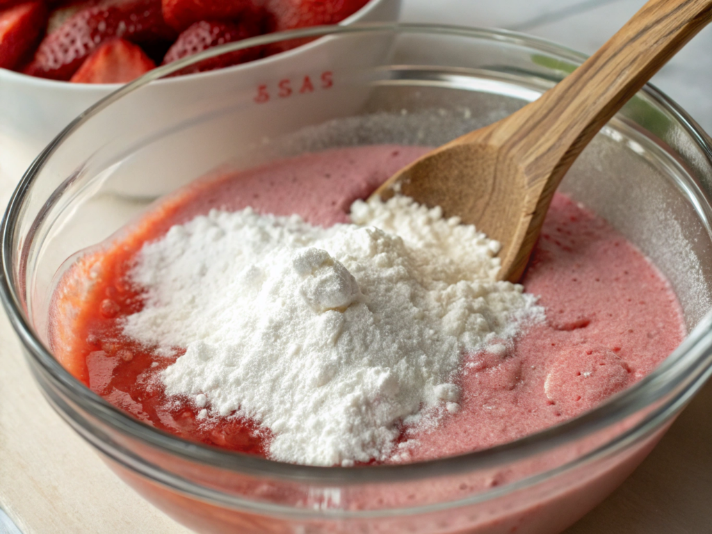 Ultra-close-up view of a glass bowl filled with the dry ingredients, showcasing the pink-speckled flour mixture. A wooden spoon rests against the bowl’s edge, with soft daylight highlighting the powder’s texture.
