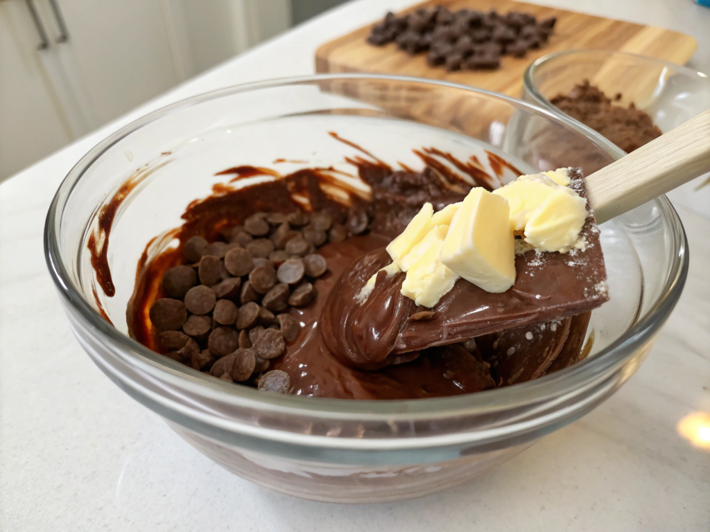 ultra-close-up view of a glass bowl on a white countertop with semi-melted chocolate chips and butter being stirred with a spatula. The chocolate’s sheen is captured mid-stir, emphasizing the smooth texture.