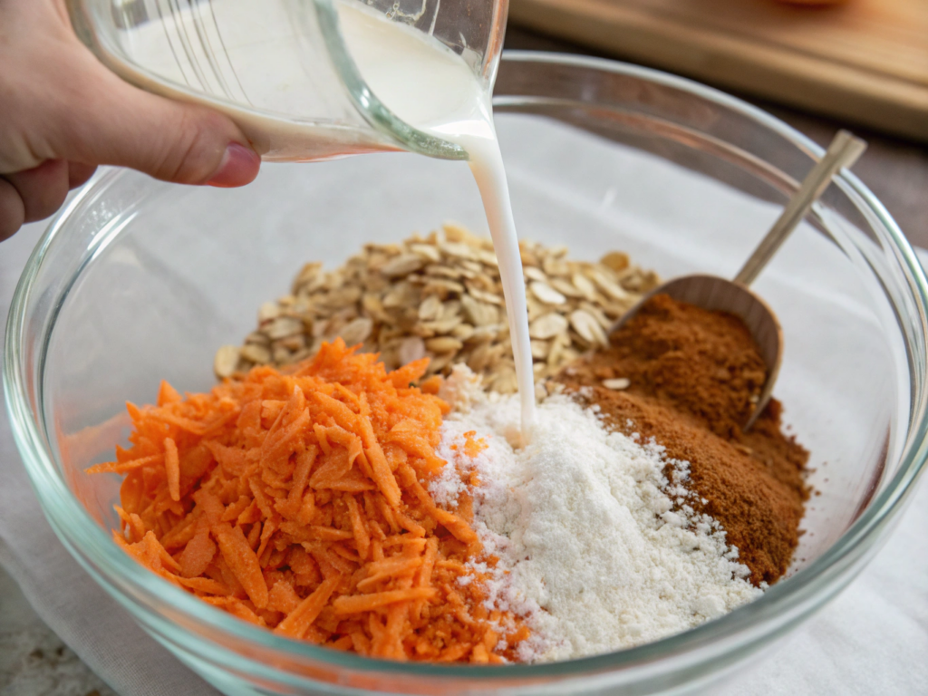 ultra-close-up view of a hand pouring a stream of almond milk into the oat mixture, with maple syrup glistening on the surface. The scene is set against a rustic wooden backdrop with soft morning light.