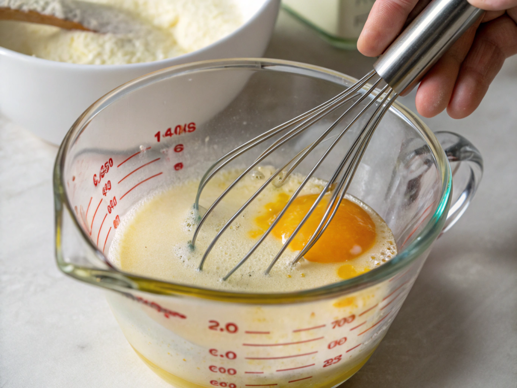 ultra-close-up view of a glass measuring cup with oil, egg, and milk being whisked together. A subtle hand motion shows the blending, with the mixture forming a creamy liquid. Background kept minimal and neutral.