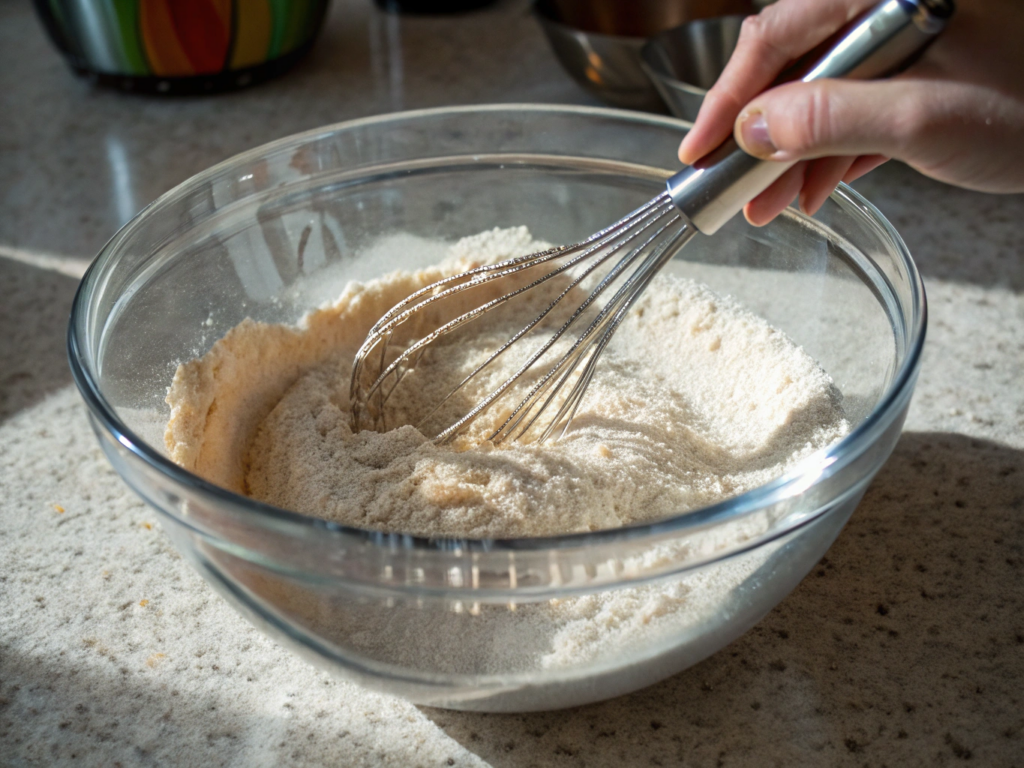ultra-close-up view of a glass mixing bowl containing the dry ingredients on a countertop. A hand is shown holding a whisk mid-motion. The flour and sugar are visibly blended, with light shadows creating depth.
