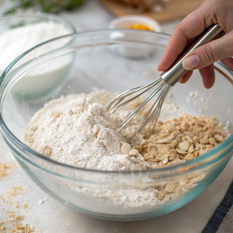 Ultra-close-up view of a glass mixing bowl filled with dry ingredients, with a hand gently whisking the oat mixture to incorporate all elements.