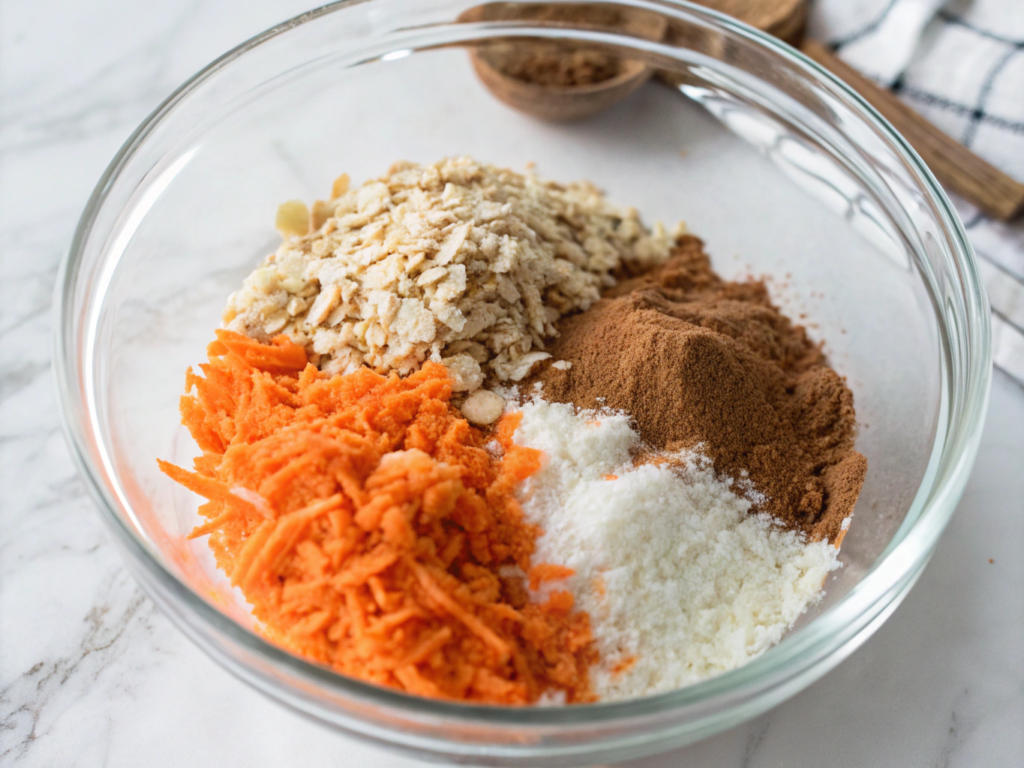 ultra-close-up view of a glass mixing bowl on a white marble countertop, showing hands combining rolled oats, bright orange grated carrots, and shredded coconut. The cinnamon powder is visible as a warm brown dusting across the mixture.