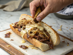 ultra-close-up-view-of-a-hand-assembling-the-phill Philly Cheesesteak Sandwich