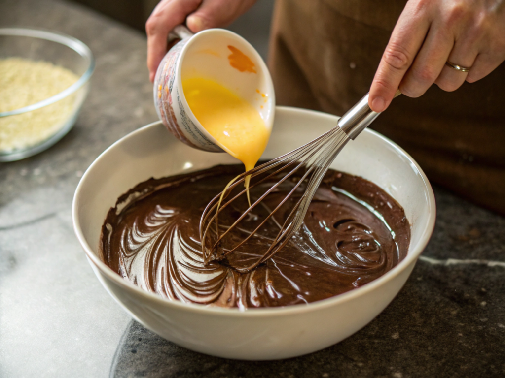ultra-close-up view of a hand pouring the egg mixture into the melted chocolate bowl, creating swirls. A whisk rests nearby, and the glossy chocolate surface reflects the ambient light beautifully.
