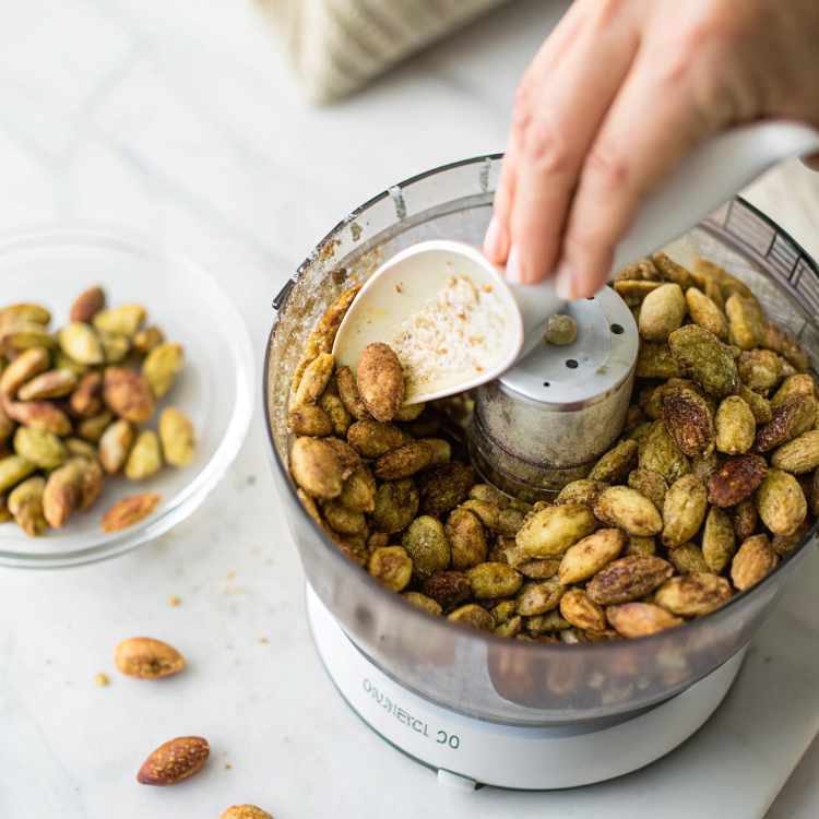 Ultra-close-up view of a hand pouring toasted pistachios into a food processor on a white marble countertop. The nuts are golden-brown, with flecks of salt visible. The processor’s blade is positioned mid-frame, and soft natural light emphasizes the pistachios’ texture.