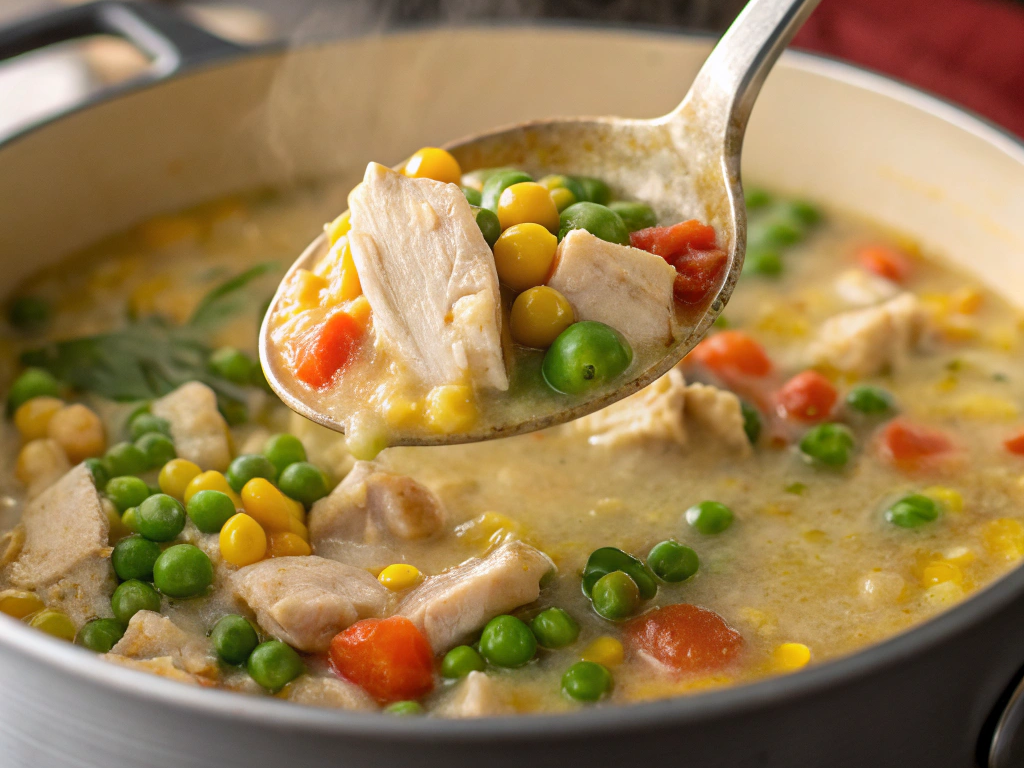 Ultra-close-up view of a ladle lifting chunks of tender chicken and vibrant peas and corn from the creamy, golden-hued broth inside the soup pot. Wisps of steam rise, adding a comforting, homey feel to the scene.