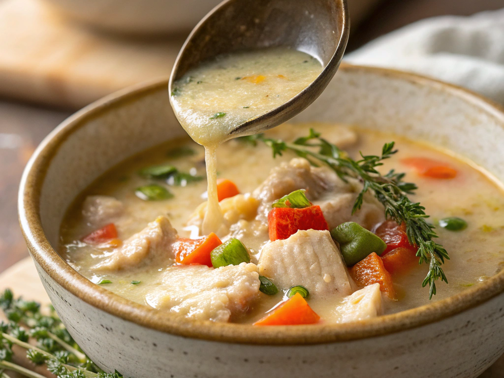 Ultra-close-up view of a ladle pouring the finished chicken stew into a rustic ceramic bowl. The creamy broth glistens under natural lighting, highlighting the tender chicken and colorful vegetables. A sprig of fresh thyme rests on top for garnish.