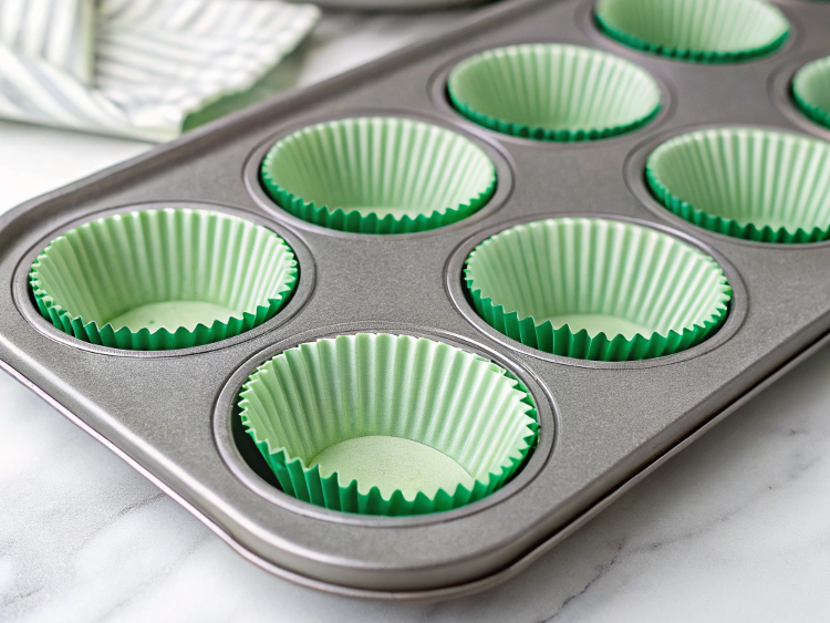 Ultra-close-up view of a lined muffin tin on a white marble countertop, with paper liners neatly arranged in each cup.