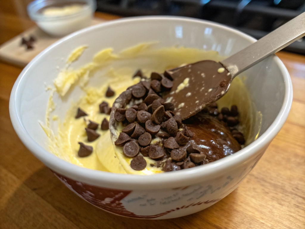 ultra-close-up view of a microwave-safe bowl containing partially melted butter and chocolate chips, with a spatula stirring the glossy mixture. The bowl sits on a wooden countertop, with the background softly blurred to emphasize the melting process.