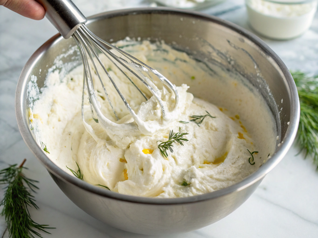 Ultra-close-up view of a mixing bowl with softened cream cheese, sour cream, and heavy cream being blended with a whisk. The texture is rich and smooth, with flecks of dill and lemon pepper visible. The bowl rests on a white marble countertop with bright natural lighting.