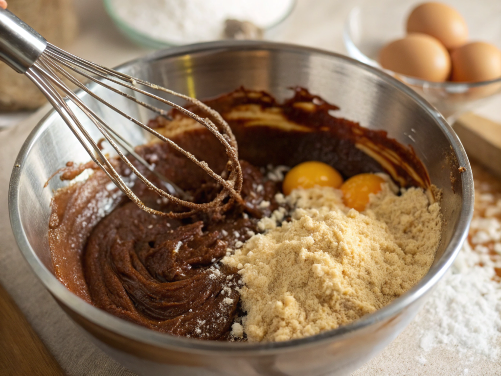 ultra-close-up view of a mixing bowl with the melted chocolate mixture, brown sugar, and eggs being whisked together. The batter appears rich and glossy, with the background softly blurred to focus on the mixing process.