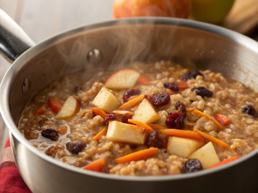 ultra-close-up view of a saucepan containing simmering oatmeal mixed with visible chunks of apple, shreds of carrot, and plump raisins. The mixture has a rich, spiced hue, with steam rising, indicating warmth. The background is softly blurred to maintain focus on the oatmeal's texture and colorful components.