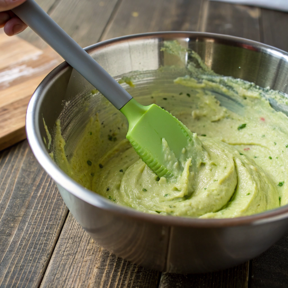Ultra-close-up view of a silicone spatula folding vibrant green batter in a stainless steel mixing bowl. The batter has a smooth consistency, with flecks of pistachio visible. The bowl rests on a rustic wooden table, and morning light streams in from the left.