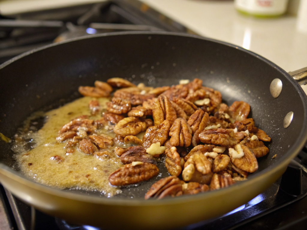 ultra-close-up view of a skillet on a stovetop with chopped pecans being toasted in melted butter. The nuts have a golden-brown hue, and a glossy sheen from the caramelizing brown sugar. The background is softly blurred, emphasizing the texture and color of the pecans.