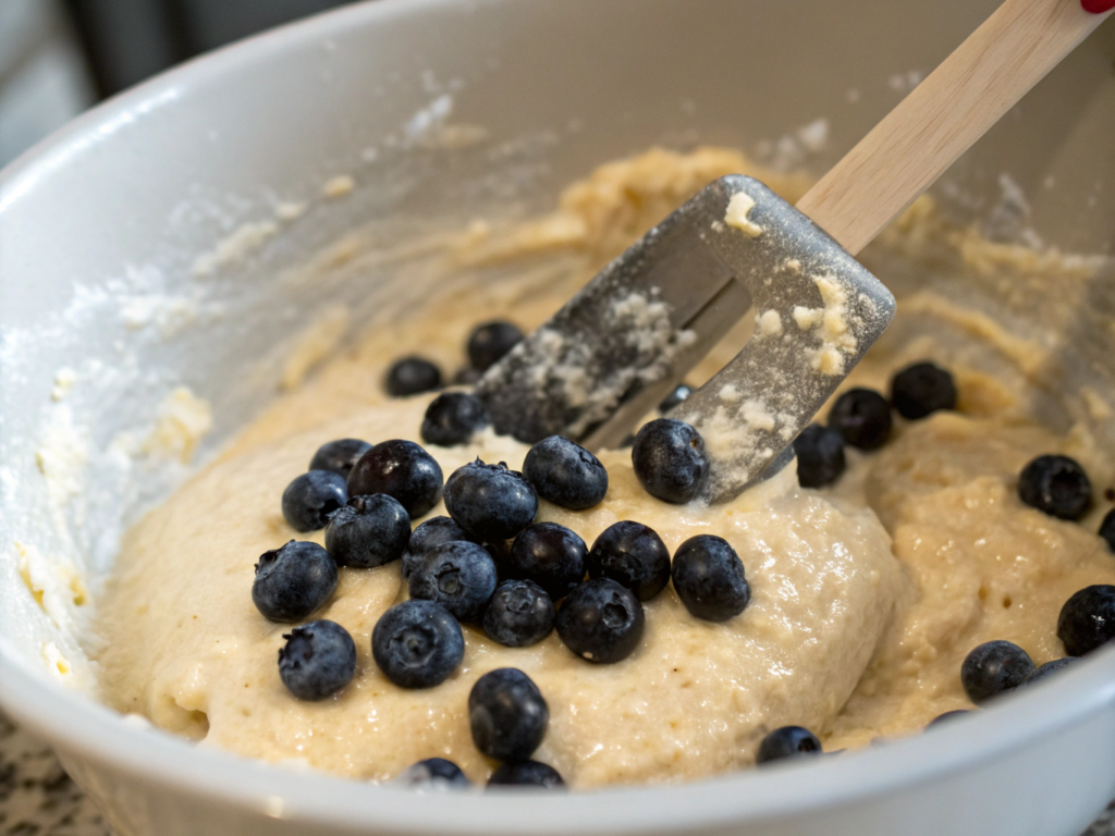 ultra-close-up view of a spatula folding blueberries into pale muffin batter in a large bowl. A few floured berries are visible on the surface, highlighting their preparation step. Lighting emphasizes the glossy berry skins.