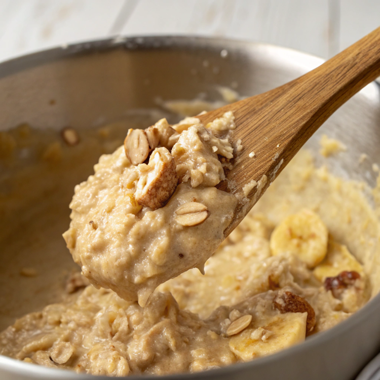 Ultra-close-up view of a spatula folding the thick batter, with visible oats and banana pieces for a rustic texture.
