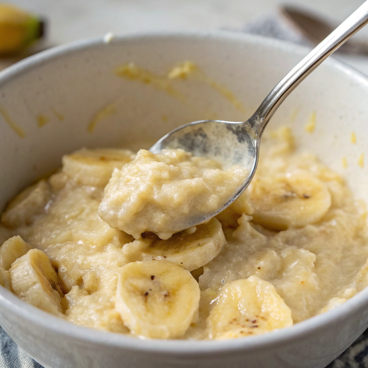 Ultra-close-up view of a spoon mixing mashed bananas into the wet ingredients, with visible banana bits for extra texture.